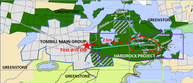 Geraldton Gold Camp.     Source: Greenstone, 06/28/19. The blue boundary marks the Tombill Main Group. The purple marks the Hardrock Project, owned by Greenstone. The striped portions mark mineral rights owned by Tombill, surface rights owned by Greenstone.
