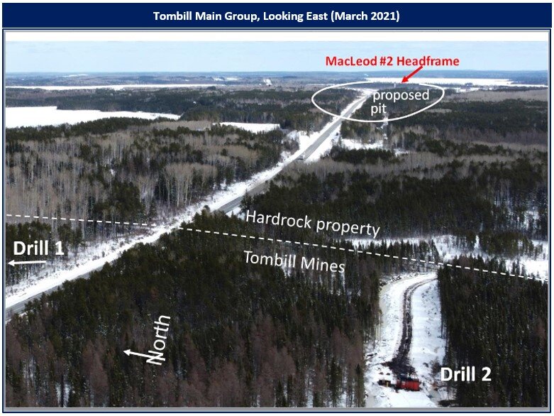 Figure 1: Aerial photo of drill at Tombill, looking east, March 2021