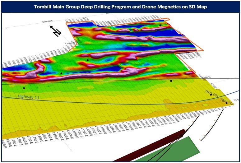 Figure 2: A 3D map of deep drill hole traces with new drone magnetics survey, NE part of the property.