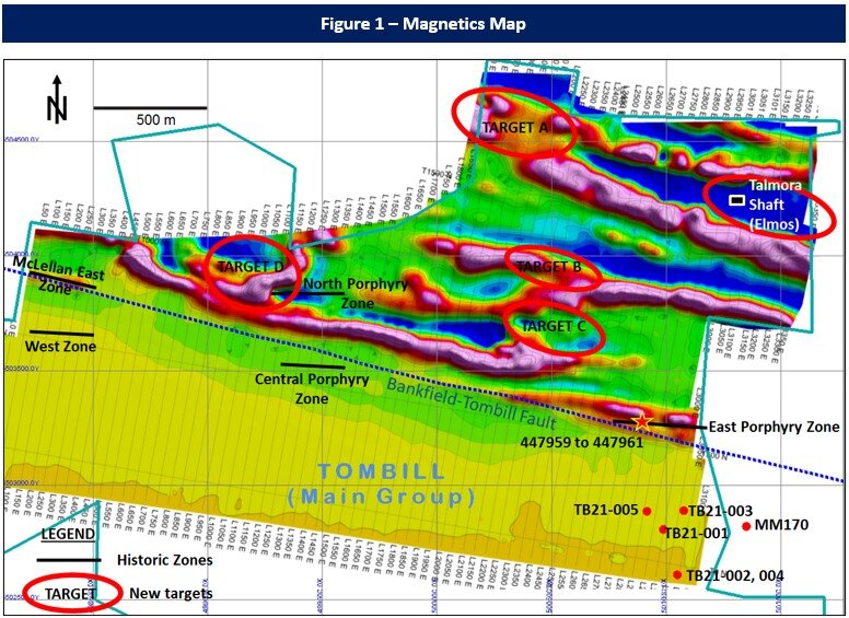 Magnetics map of first-vertical derivative from UAV-MAG Survey in 2021, with Tombill’s drill collars from Deep Exploration Program, together with historic gold zones and new targets.